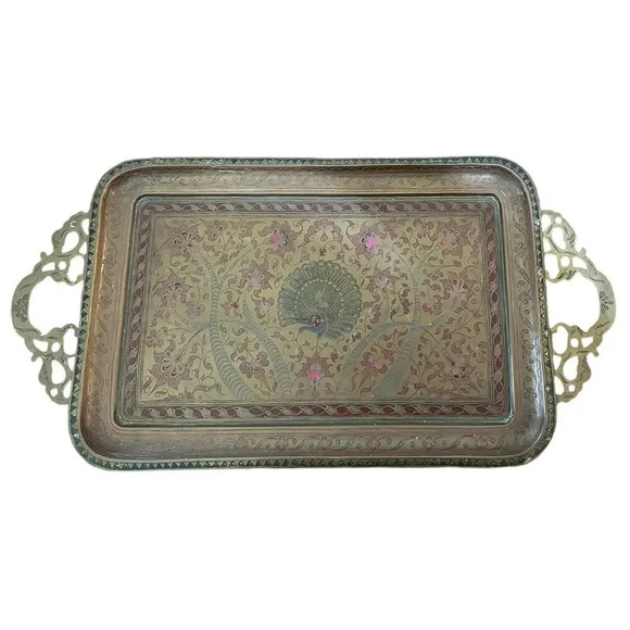 Vintage Indian Peacock Tea Tray Painted Etched Brass Small - Picture 1 of 9